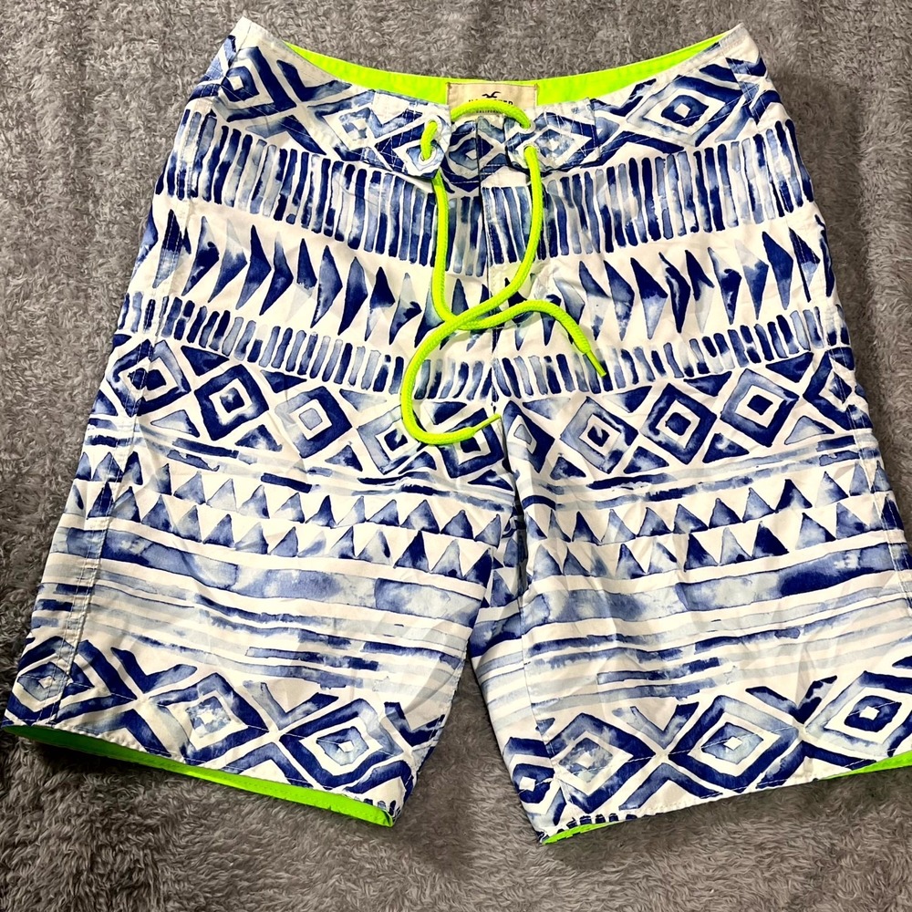 Hollister California Board Shorts Mens Small Blue White Geometric Print Swimwear